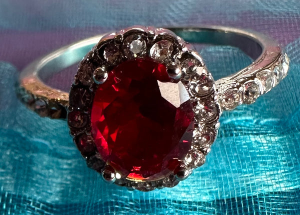 Faux ruby Silvertone Cocktail Ring - Size 9.5