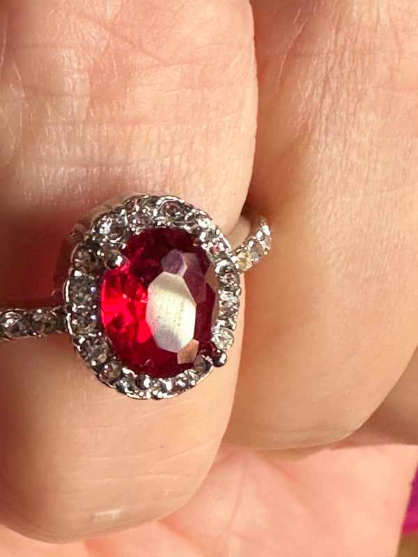Faux ruby Silvertone Cocktail Ring - Size 9.5