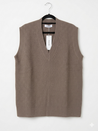 YH & CO V-Neck Knitted Taupe Vest - Size S/M
