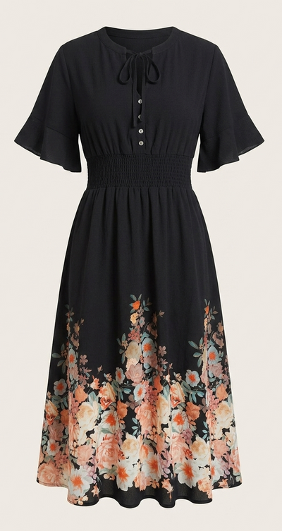 Miracle Black Dress with floral Hem - Size 16