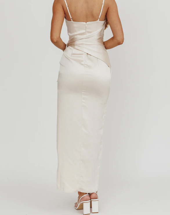 Cream Satin Sheath Dress with crossover tie -  Size 12