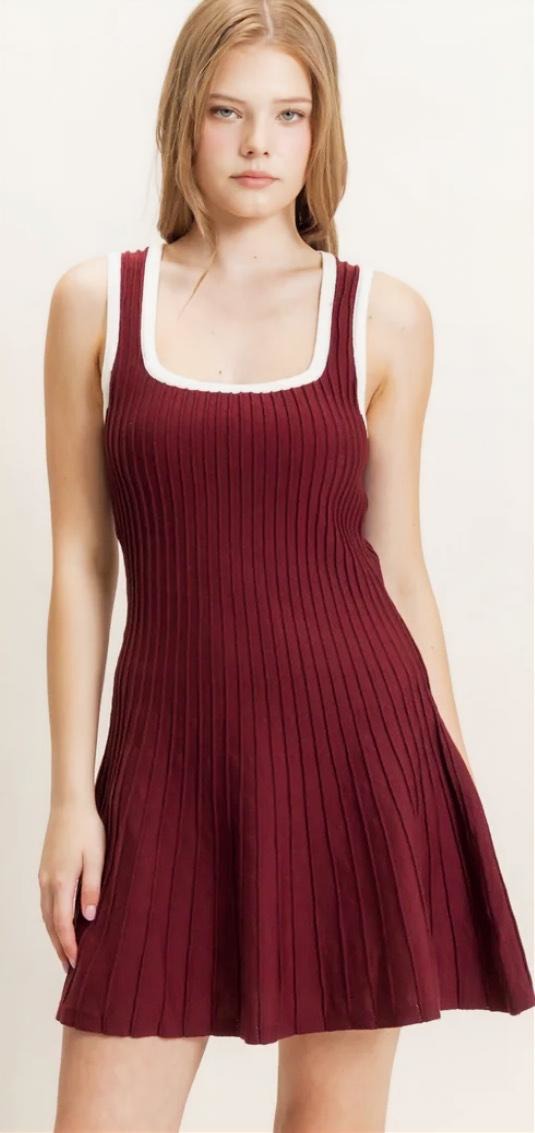 Red Knit Dress with White Trim - Size 10