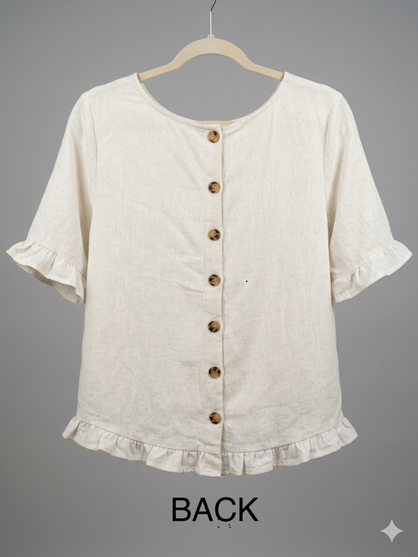 Linen top, wooden buttons down back . Size 10